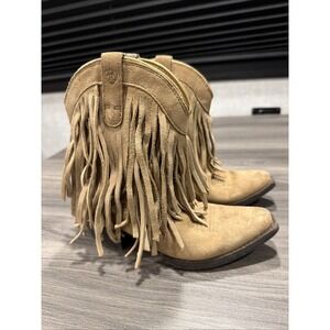 Ariat Goldrush Boots Girls 12  Beige Leather Fringe Western Pull On Cowgirl